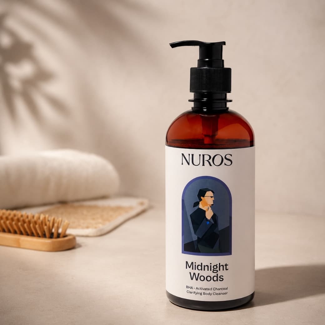 NUROS Midnight Woods bottle on a bathroom counter in evening light