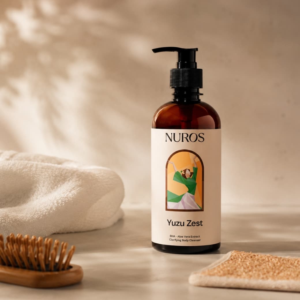 NUROS Yuzu Zest bottle on a bathroom counter in morning light