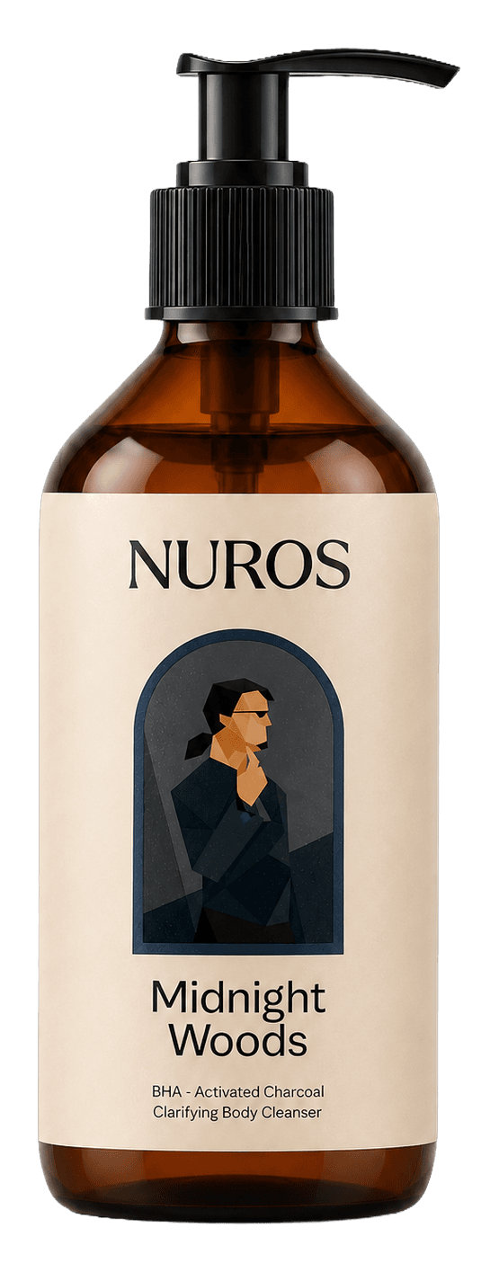 NUROS Midnight Woods body wash bottle, 300ml, amber glass with black pump